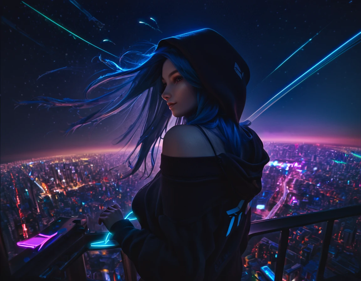 (masterpiece), best quality, ultra high res,, cyberpunk 1girl flying above stunning cityscape ,hoodie,blue hair,  neon color shooting stars, very long hair, off shoulder, feather hair ornament, neon colors, flashes, stunning night sky, cinematic lighting, photorealistic, realistic skin, HDR,fisheye