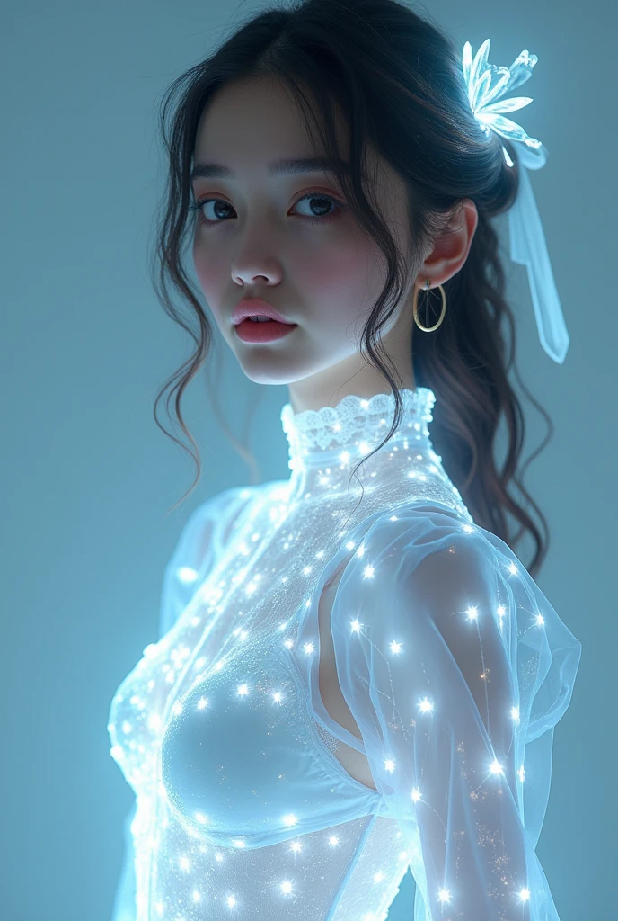 ((gem_Light elements)), (translucent luminous body_Wearing a white frilly shirt), (girl made of light: 1.2, long curly hairstyle，Exquisite facial features，light:1.3), (minimalism: 0.5), (Frontal gaze close-up angle: 1.3), 4K, high dynamic range, Acid Graphics, Fantasy works, [Vivid facial details: 0.33], (White translucent glowing body and hair: 1.3), Shiny beautiful woman with silhouette, Understated elegance revealed... Steady、dignified atmosphere，Gives a subtle sense of luxury..... Gray smooth texture, fashionable pose, fluorescent, glow tattoo, Bio glow tattoo, glow pattern. information