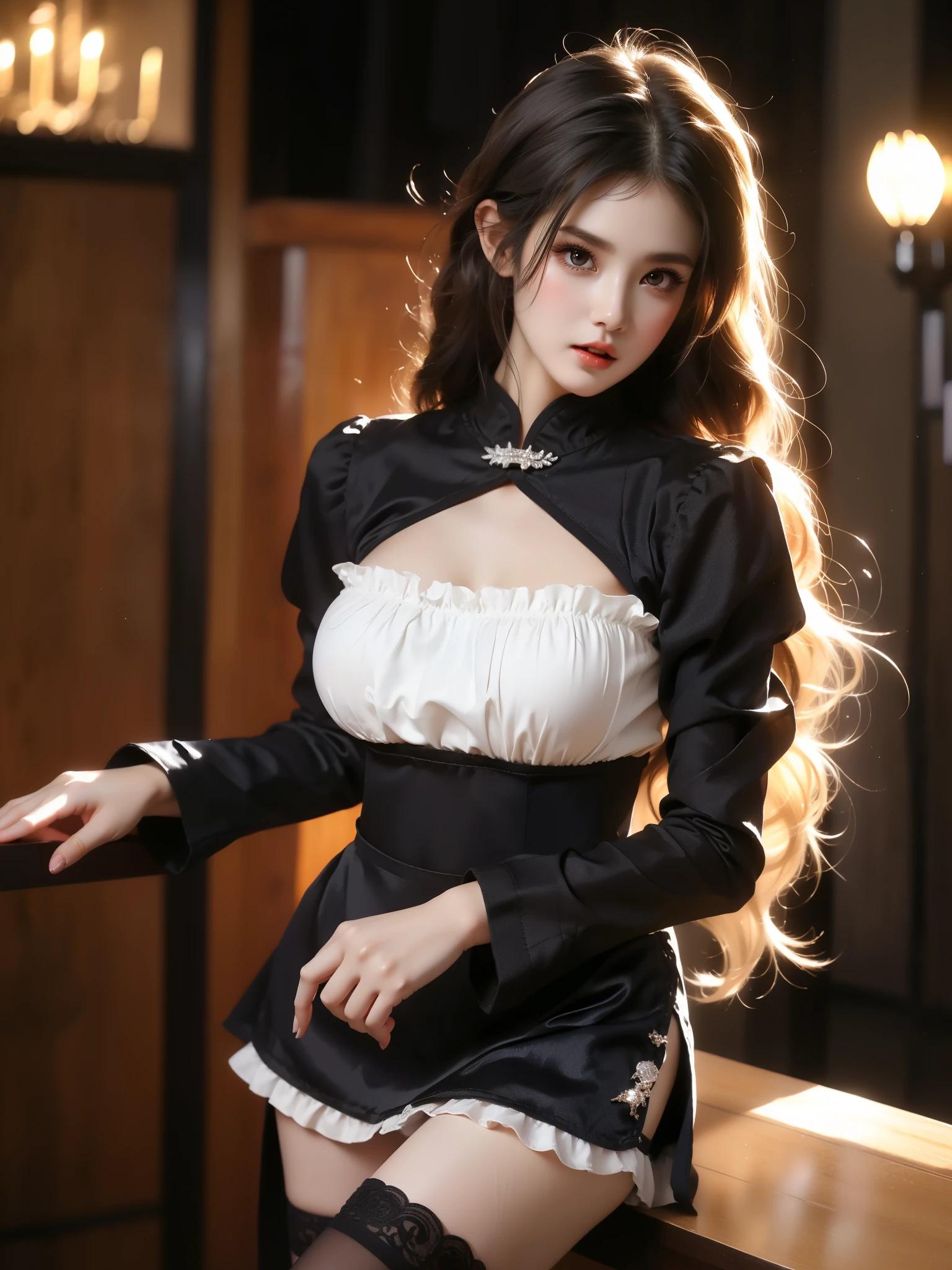 black cross laced apron, side slit, frills, thighhighs, sunglasses, (Asian beauty: 1.3), girl, solo, (toned body: 1.2), (naturally large breasts: 1.1), (visible cleavage: 0.8), (smooth flawless skin: 1.2), (perfect anatomical proportions: 1.3), (anatomically correct legs: 1.3), (elegantly long legs: 1.3), 1.1) Hands gently lift the skirt, (detailed features: 1.2), (big bright eyes: 1.1), (long eyelashes: 1.1), charming smile, gentle and confident expression, Head slightly tilted, long flowing hair, (night scene: 1.1), (starry sky: 1.0), (space background: 0.9), (professional soft light: 1.2), (warm tone: 1.1), (Masterpiece: 1.4), (Super Detail: 1.3), (Sharp focus: 1.2), (Realistic: 1.2), (Hi-Fi: 1.1)