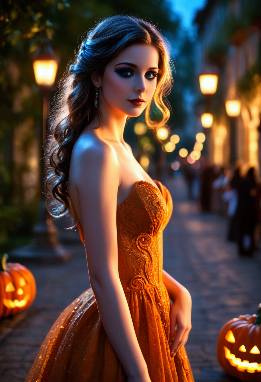 a beautiful woman wearing a pumpkin dress, surrealistic art, refined design, natural makeup, advanced lighting, open background, 8K quality, intricate details, serene atmosphere, dreamlike, photorealistic, ethereal, elegant, whimsical, fantasy, striking, captivating, vibrant colors, chiaroscuro lighting, cinematic composition, masterpiece, highly detailed