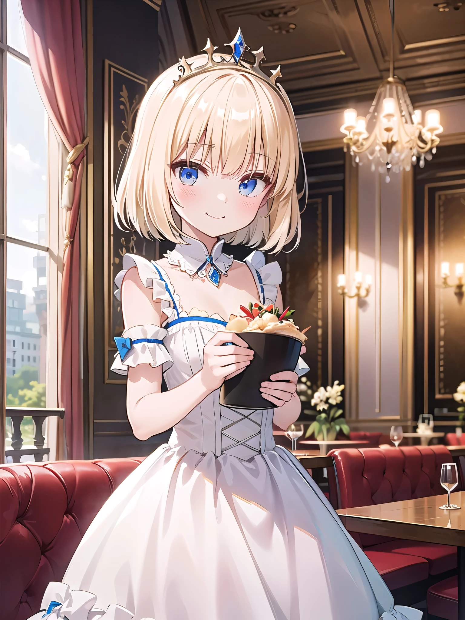 Portrait of a Woman ,blonde、 Princess Dress、　Clothes,restaurant,Cinema Lighting、 closed mouth、smile、、Beautifully Styled Hair、Straight、White Dress、Tiara、meal、Material
