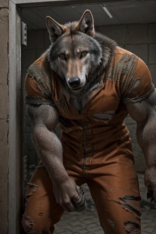 Prison setting, prison cell, wolf, equine, orange clothing, prison jumpsuit, flex, muscular, barazoku, evil grin, torn clothing,
BREAK,
(detailed background:1.2),high detail, film photography, RAW candid cinema, realistic, analog style, best quality, ultra realistic, 8k, (by taran fiddler),
