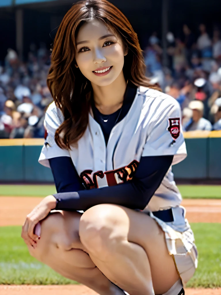 NSFW,((best quality)), ((masterpiece)), (detailed), 1girl,baseball player on baseball stadium,((clothed)),wearing baseball helmet,((huge breasts:2.0,sexy see through baseball uniform,see through:20,erect nipples,high leg underwear,short pleated skirt))best smile,crossed arms,hold breasts,squatting,open legs,(beautiful pussy line),(Protruding pubic hair),