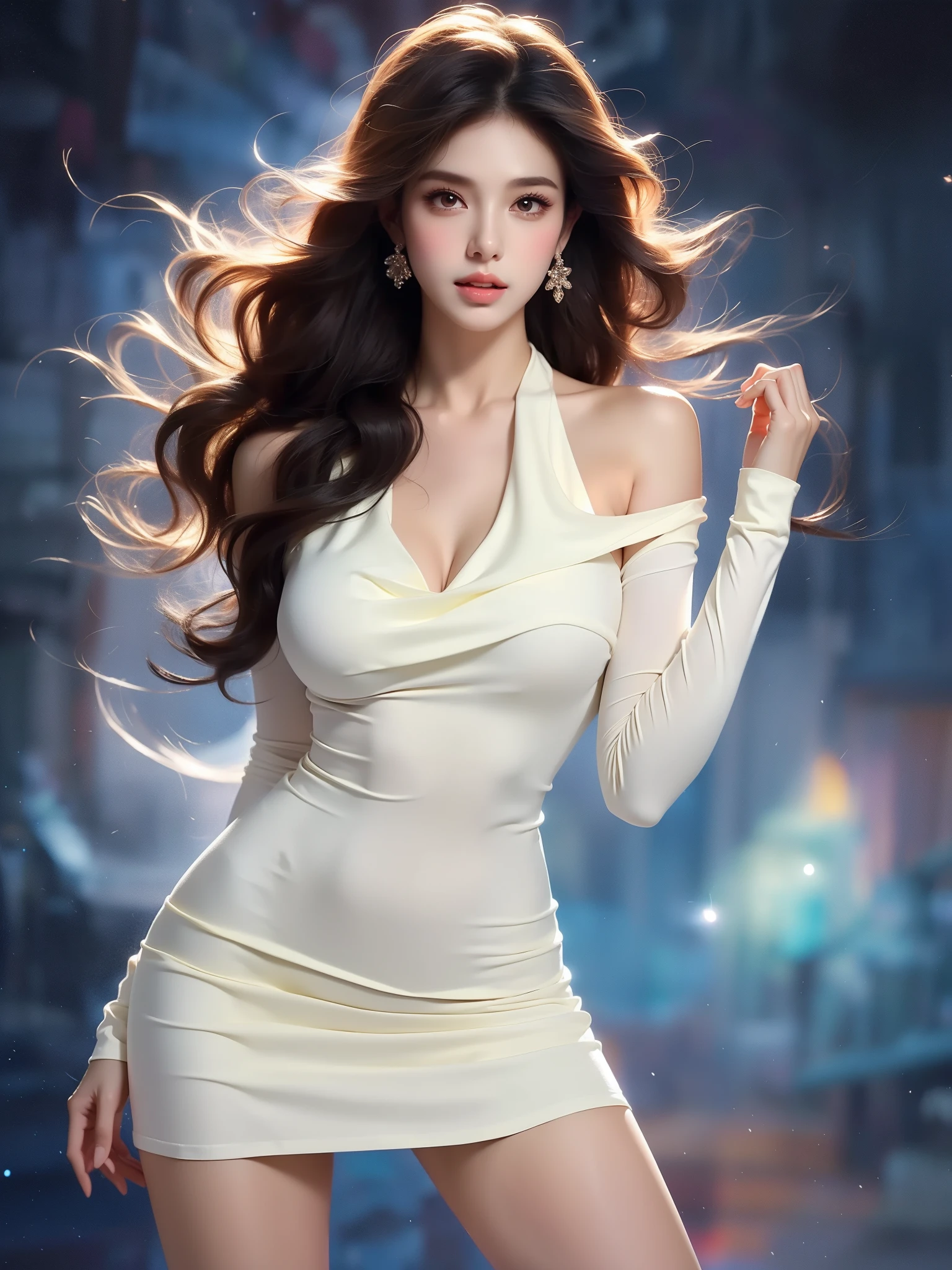 rayen dress
short dress
long sleeves
sleeves past wrists
cleavage (Asian beauty: 1.3), girl, solo, (toned body: 1.2), (naturally large breasts: 1.1), (visible cleavage: 0.8), (smooth flawless skin: 1.2), (perfect anatomical proportions: 1.3), (anatomically correct legs: 1.3), (elegantly long legs: 1.3), 1.1) Hands gently lift the skirt, (detailed features: 1.2), (big bright eyes: 1.1), (long eyelashes: 1.1), charming smile, gentle and confident expression, Head slightly tilted, long flowing hair, (night scene: 1.1), (starry sky: 1.0), (space background: 0.9), (professional soft light: 1.2), (warm tone: 1.1), (Masterpiece: 1.4), (Super Detail: 1.3), (Sharp focus: 1.2), (Realistic: 1.2), (Hi-Fi: 1.1)