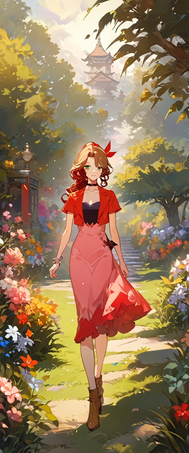 masterpiece, best quality, 8k, 4k, 1girl, aerith gainsborough, brown hair, high middle bang, longer side curly bang, long tight curly ponytail, green eyes, red hair ribbon, red bolero jacket, short sleeve jacket, cropped jacket, black tie choker, long pink straight dress, brown boots, bangles, walking in a garden, flowers, detailed background,, inspired by Asukaziye artist : ask, art style : ask