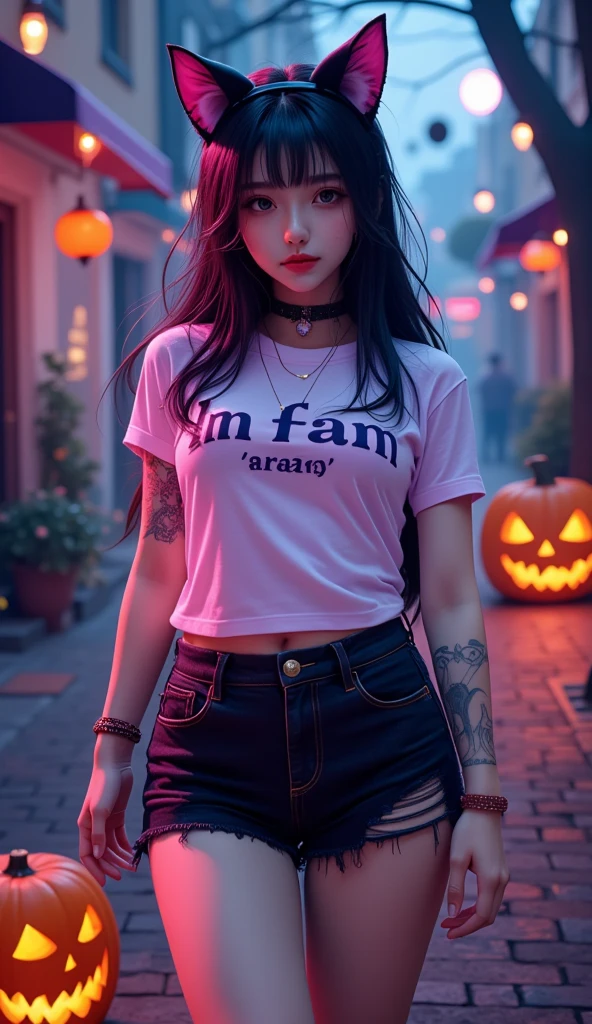 1 woman, Shiny black long hair,  black cat ear headband ,  pink lips , Beautiful face, Smile some., t-shirt, Light Blue Pleated Skirt, high-heels,  tattoo on upper arm , stand, Dynamic, "LN fam "On the shirt, , Anime, pumpkin, Halloween, moon,  Wide angle view,  high-definition vivid images,  intricate detail, 3D dimensions, 3D rendering, realistic, neon colourful outfit,  over the truth 