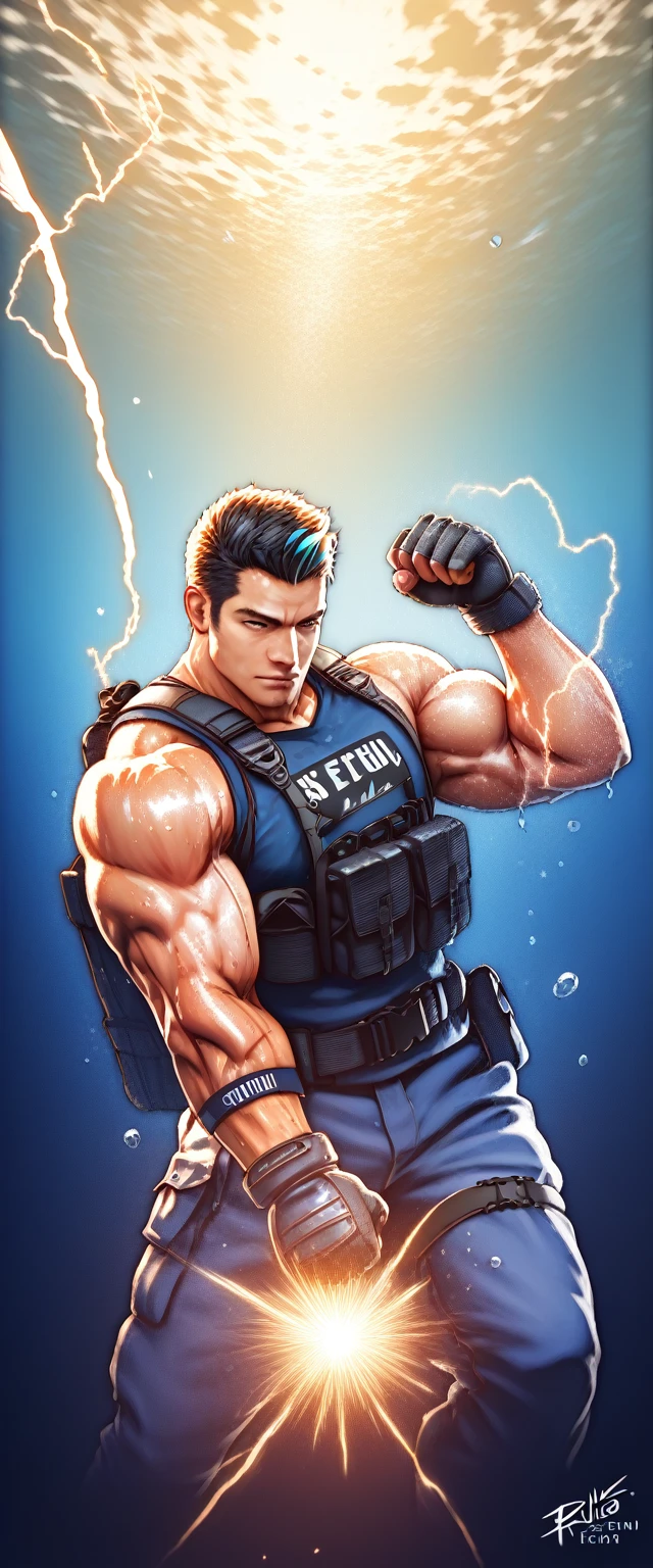 (Only 1 man), muscular man,  dynamic pose ,  water splash , Powerful, intense,  short hair , tactical equipment, harness, bíceps, triceps, water drops, blue tones, metal, determination,  clenched cuffs , action, strength,  domino effect ,  high contrast , lightning, wet clothes, realism, Tactical belt, Bags, straps,  forearm guards , motion,  protective equipment ,  bursting water , intense look, heroic, Underwater, Bubbles,  whipped water , skin texture,  fabric detail ,  belt buckle , Energy, darkness, highlights, BRACELET, strain, strong, currents, Adrenaline, immersive, fascinating, formidable, flexing, physical fitness, wet look, stormy,  torrents , Tactical gloves,  detailed textures , Rivets, buckles,  gear details , water, athletic,  military, focused, surging , Swirl, submerged,  combat ready , resilience,  hydrodynamic , dominant, rapid motion,  tight jaw ,  (GS-Male), 8K, hires, absurdres,  ultra high resolution , RAW Photo, The best quality,  masterpiece , best aesthetics, game_CG, perspective, atmospheric, epic, conceptual art, octano render, volumetric lightning, spot lightning, cinematic lightning, dynamic lightning, soft shadow, chiaroscuro, HDR-10,  detailed complex ,   Highly detailed ,  lighting,   skin detail ,  sharp focus , bokeh, depth of field, intricate, photorealistic, hyperrealistic,  professional photography ,  bright colors , contrast, MEDIUM SHOT