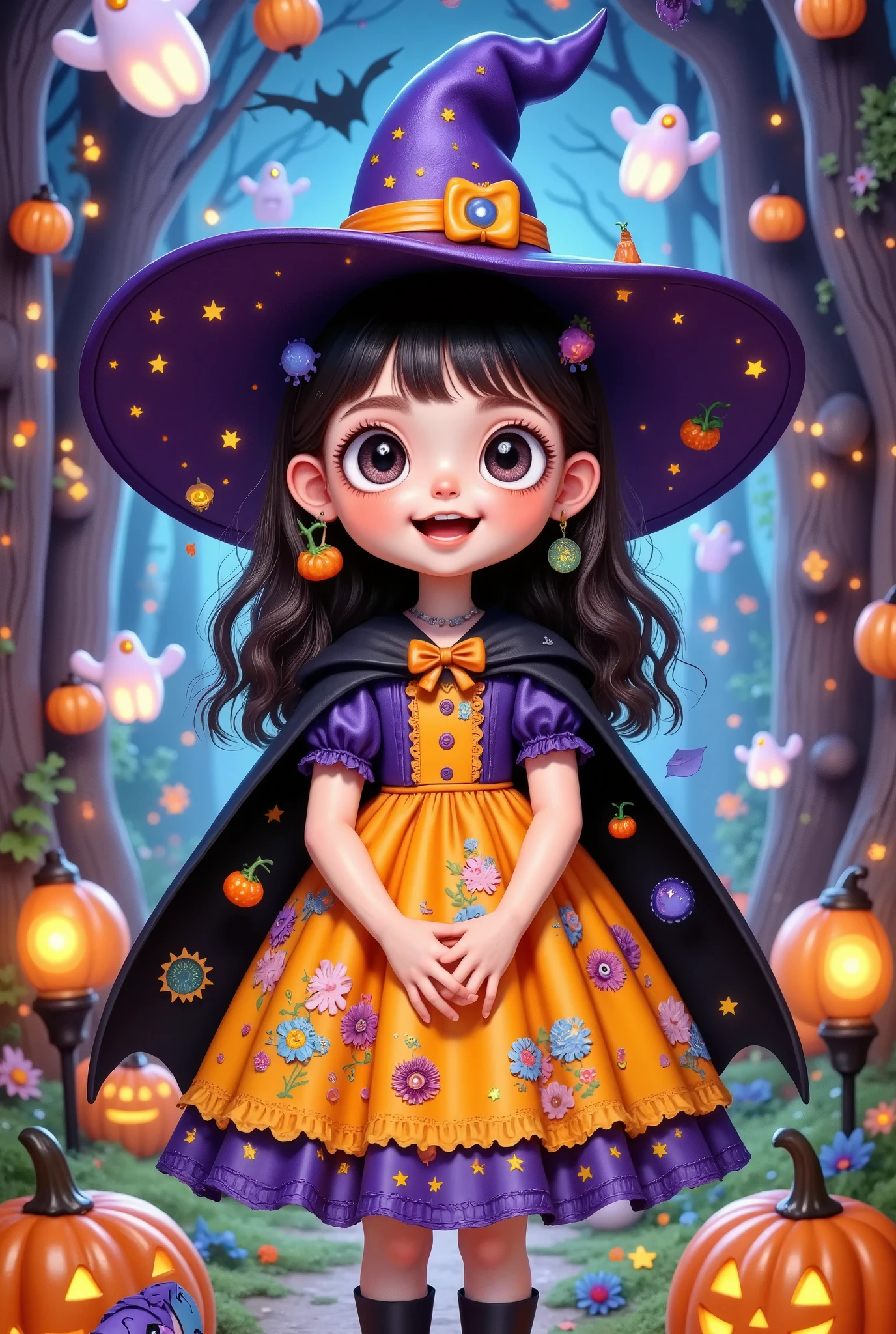 a cartoon girl in a witch costume holding a trick or treat, witch girl, Halloween art style , bright witch, portrait of a young witch girl, witch fairytale, fantasy art style , 可爱详细数字艺术, Cute digital painting, Halloween style, portrait of a young witch, classical witch, fashionable dark witch, witchy, Cute digital art, witch