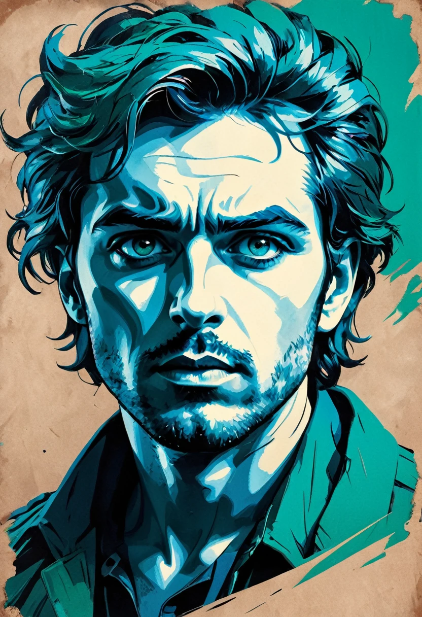  A man in a situation ?, sketch,  color palette from red to blue ,  Detailed features, Vintage style, high-contrast lighting, expressive eyes, tousled hair. (best quality, high res, realistic:1.37), Vintage, monochrome,  intense and aggressive look ,  dramatic lighting ,  rugged background ,  distorted paper texture , Retro-Vibes, ID photo, Front view,  Surround the man with abstract art clichés, (Speech bubble : " THE GREENS ")