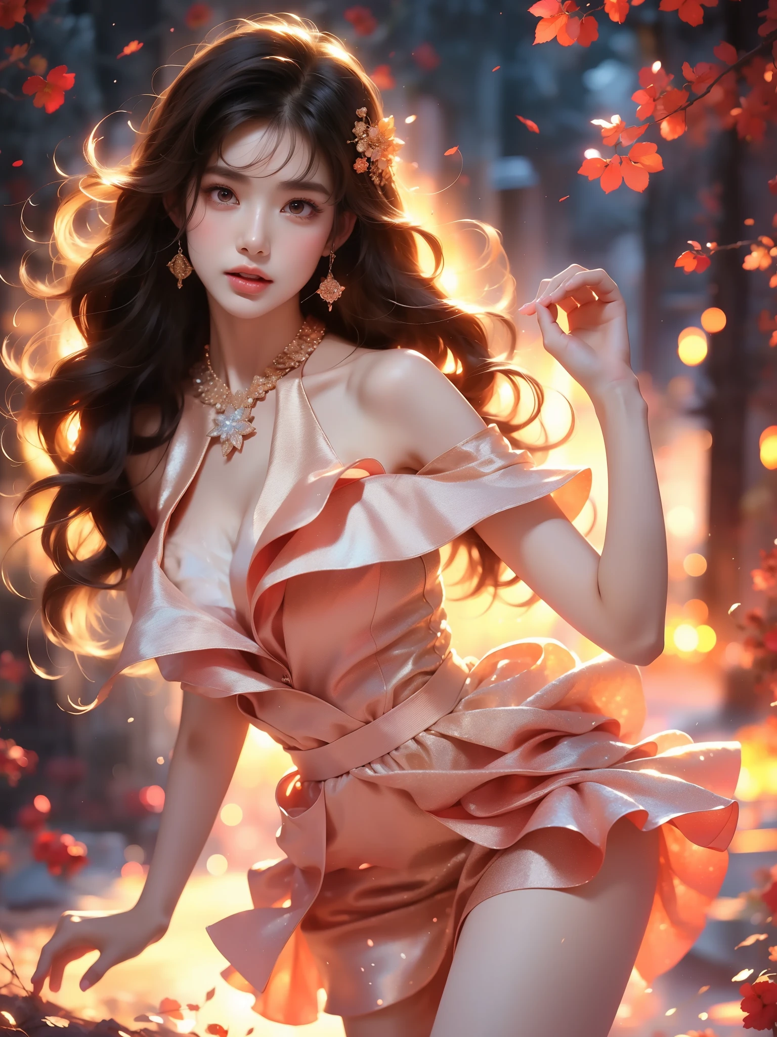 skirt, (Asian beauty: 1.3), girl, solo, (toned body: 1.2), (naturally large breasts: 1.1), (visible cleavage: 0.8), (smooth flawless skin: 1.2), (perfect anatomical proportions: 1.3), (anatomically correct legs: 1.3), (elegantly long legs: 1.3), 1.1) Hands gently lift the skirt, (detailed features: 1.2), (big bright eyes: 1.1), (long eyelashes: 1.1), charming smile, gentle and confident expression, Head slightly tilted, long flowing hair, (night scene: 1.1), (starry sky: 1.0), (space background: 0.9), (professional soft light: 1.2), (warm tone: 1.1), (Masterpiece: 1.4), (Super Detail: 1.3), (Sharp focus: 1.2), (Realistic: 1.2), (Hi-Fi: 1.1)