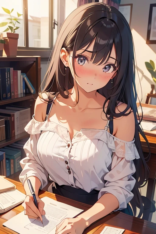 (tmasterpiece),(best qualtiy),(ighly detailed),(illustratio),(超A high resolution)one girls,Off-the-shoulder clothing,ssmile,(Off-the-shoulder clothing),tutor,black colored hair,Straight long hair,white shirt,Mature Woman,40-year-old woman,Large breasts,scowling,top-down view,up close shot,Write homework,inside in room,bookcase,a desk
