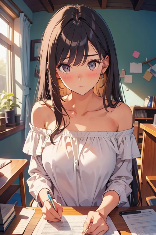 （tmasterpiece），（best qualtiy），（highly  detailed），（illustratio），（超高分辨率）one-girl，Off-the-shoulder attire，ssmile，(Off-the-shoulder attire)，tutor，Black color hair，straight long hair，white  shirt，Mature woman，huge tit，scowling，Top-down view，Close-up shot，Write homework，bookshelves，desks，((BDSM))，((opening legs))