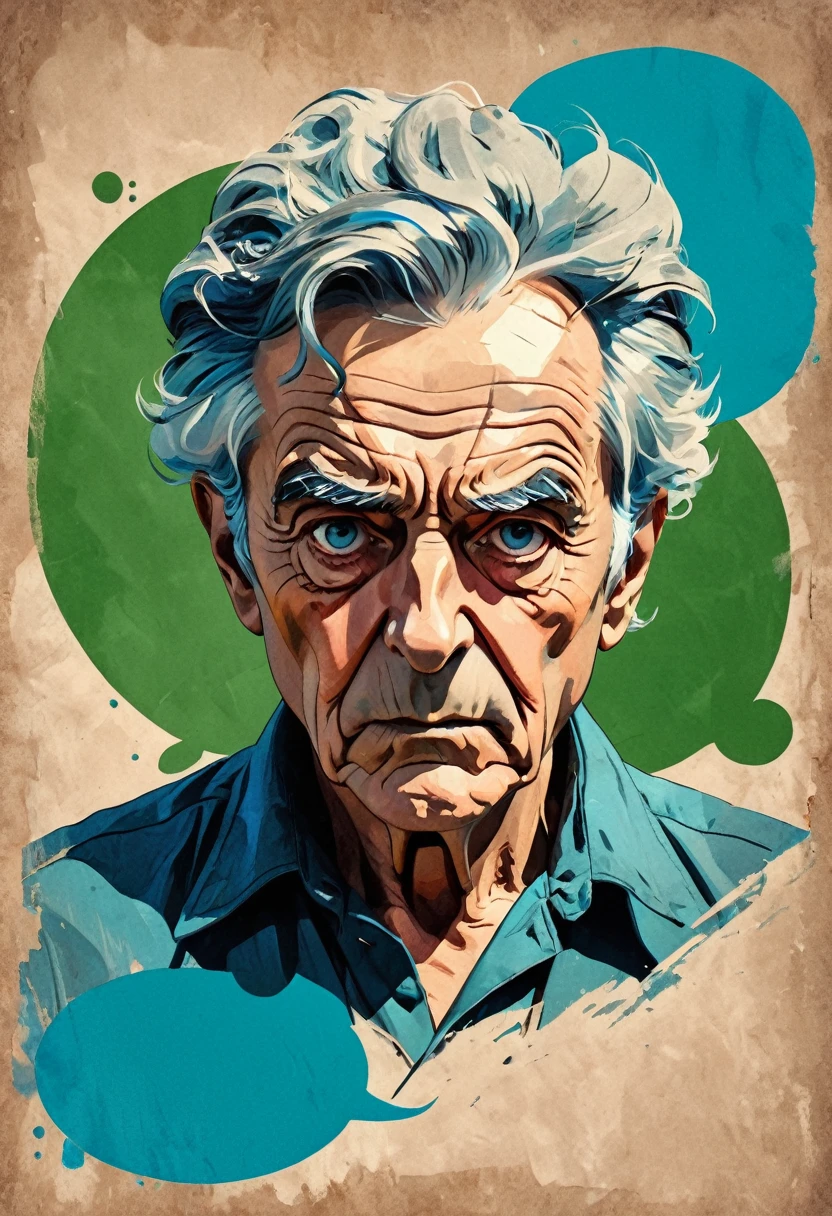  An elderly man in a situation ?, sketch,  color palette from red to blue ,  Detailed features, Vintage style, high-contrast lighting, expressive eyes, tousled hair. (best quality, high res, realistic:1.37), Vintage, monochrome, (( intense and aggressive look )),  dramatic lighting ,  rugged background ,  distorted paper texture , Retro-Vibes, ID photo, Front view,  Surround the man with abstract art clichés, (Speech bubble with text : " THE GREENS ")