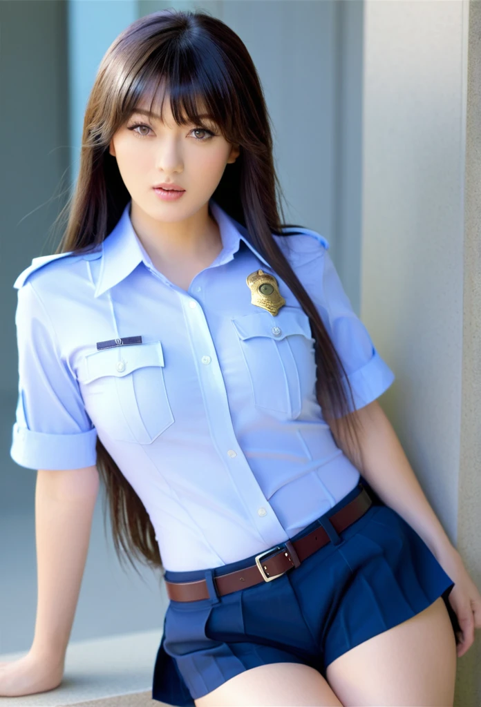 An innocent 20-year-old girl、((Police Girl, Sexy police uniform, skirt, Cute and elegant, Dramatic Pose)),nightの街の背景,Shortcuts、RAW Photos, (8k、Highest quality、masterpiece:1.2)、((Shiny skin 1.5)),(Intricate details:1.4)、(Realistic:1.4)、Octane Rendering、Complex 3D rendering with ultra-detail, Studio Soft Light, Rim Light, Sharp details, Super Detail, detailed aspects, Beautiful details in the eyes, Highly detailed CG Unity 16k wallpaper, Compensate, (Detailed Background:1.2), Glowing Skin, whole body,Hands down、Spread your legs, Black Hair, Sexy police officer in uniform, night, Facial details, from the front, Ready your gun?, refer