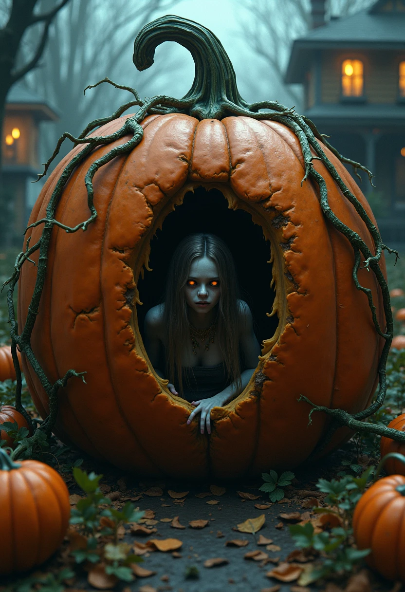 1girl, in the pumpkin, zombie girl. gaint pumpkin, pumpkin house, Candlelight, horro