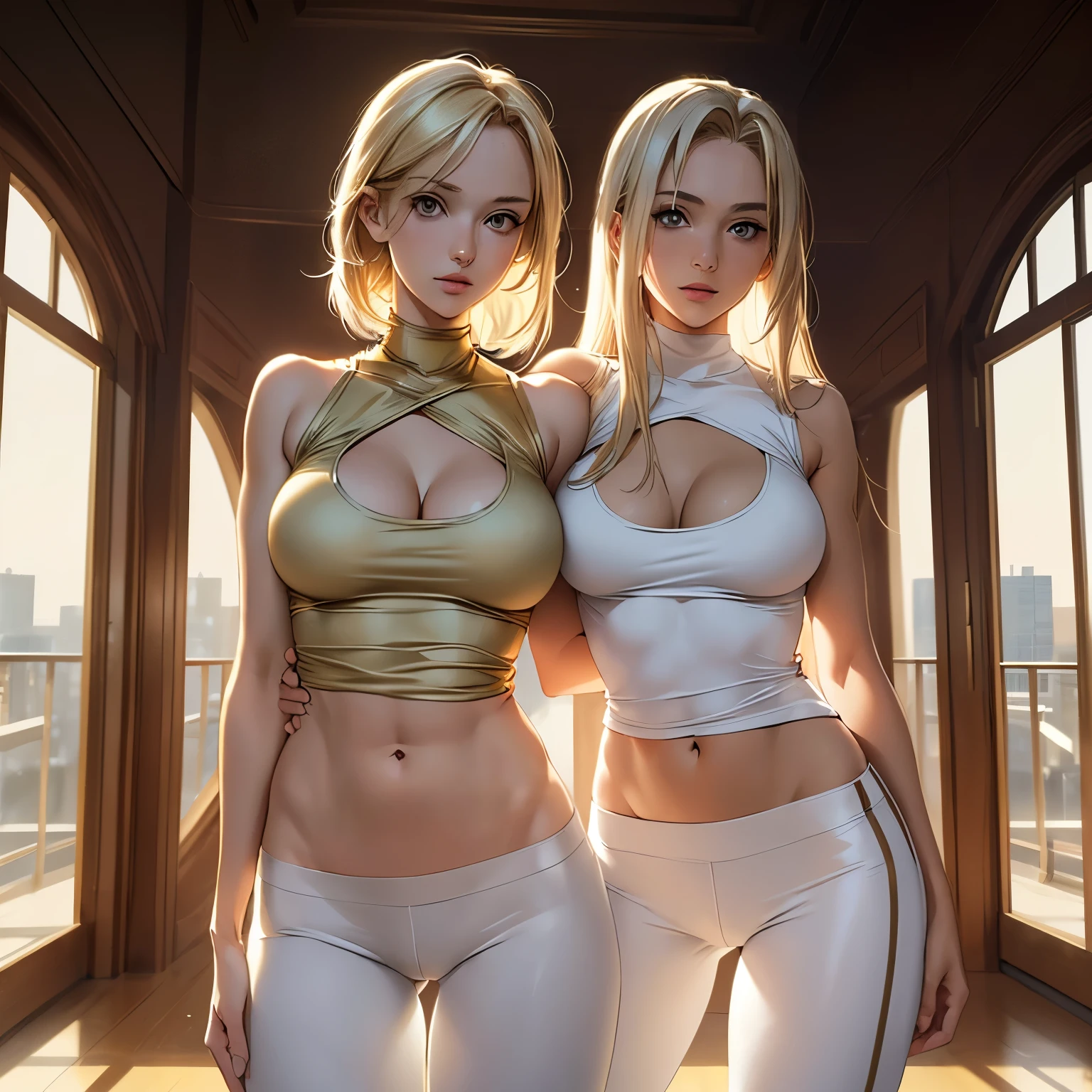 ((masterpiece)), ((Best quality)), anime girl, sensual woman, blonde hair, golden eyes, wearing a transparent fitted tank top, cleavage, bare abdomen, white leggings, with golden drawings on the clothes, standing in a building, realistic, medium breasts, with a slender body.