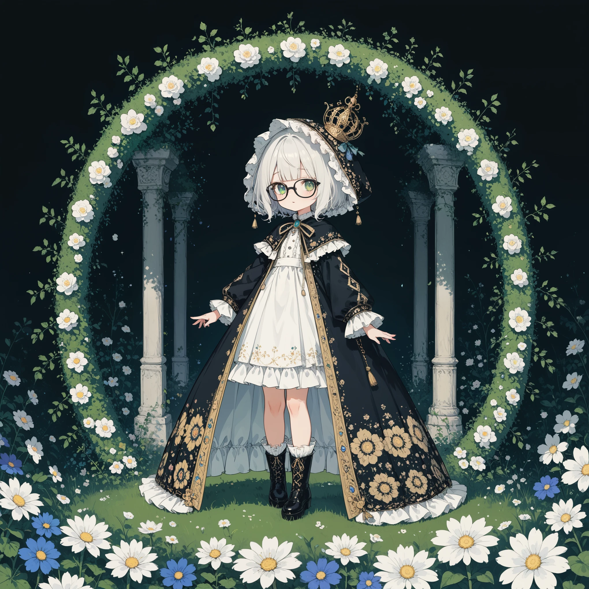 1girl\(cute,chibi, white skin, pale skin,(wearing ((simple)) black hood:1.4),(black robe\(hood,white embroidery flower pattern, at edge\):1.3), ((white frilly dress)), (wearing black glasses:1.4), (((green eyes))), black boots, white hair, bangs, short bob hair, holding teddybear\(brown,fluffy\),dynamic pose\).background\(simple,Various beautiful flowers are arranged geometrically\).score_9, score_8_up, score_7_up, score_6_up, score_5_up, score_4_up, source_anime,source_furry,rating_safe,rating_questionable,masterpiece, best quality, perfect anatomy , very aesthetic , absurdres,limited pallet