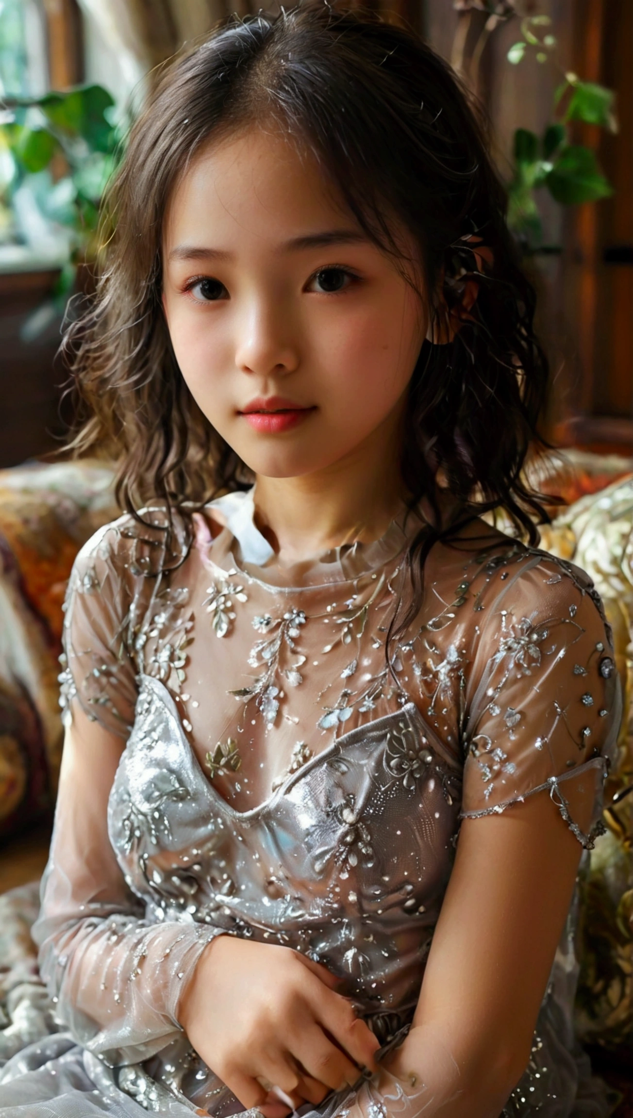 Prettiest asian girl, cutest girl, beauty girl on the living room, age-9 ((pre-teens)) with beautiful budding-breast, pale skin, juveniles physique, charming adolescents, wear transparent-silver sheer fabric dress that show off her body, translucent clothes, sheer fabric, full-body