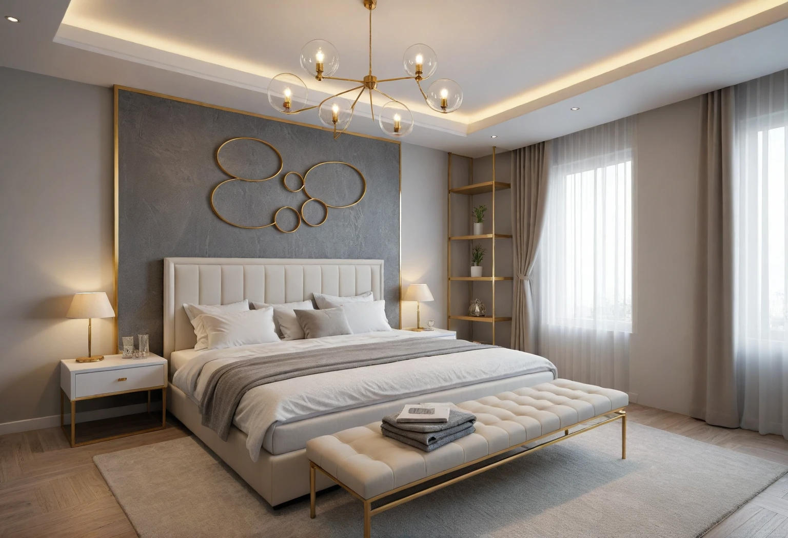 Modern bedroom design, luxurious interior, ((high resolution image, 8k, detailed anatomy of each object, rough surface, super detailed, super realistic, beautiful) spotless , surreal , spacious space , full light