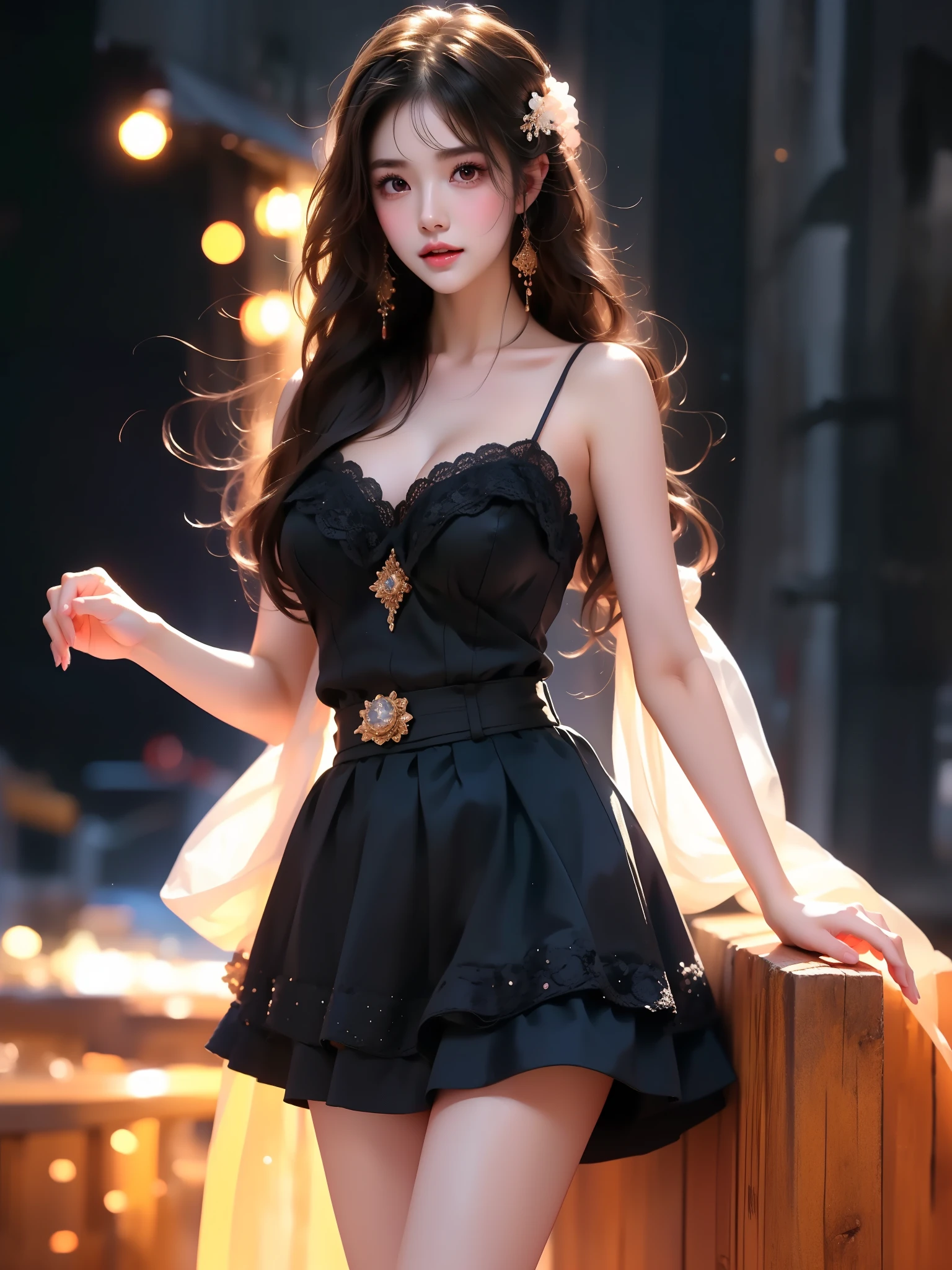 , (Asian beauty: 1.3), girl, solo, (toned body: 1.2), (naturally large breasts: 1.1), (visible cleavage: 0.8), (smooth flawless skin: 1.2), (perfect anatomical proportions: 1.3), (anatomically correct legs: 1.3), (elegantly long legs: 1.3), 1.1) Hands gently lift the skirt, (detailed features: 1.2), (big bright eyes: 1.1), (long eyelashes: 1.1), charming smile, gentle and confident expression, Head slightly tilted, long flowing hair, (night scene: 1.1), (starry sky: 1.0), (space background: 0.9), (professional soft light: 1.2), (warm tone: 1.1), (Masterpiece: 1.4), (Super Detail: 1.3), (Sharp focus: 1.2), (Realistic: 1.2), (Hi-Fi: 1.1)