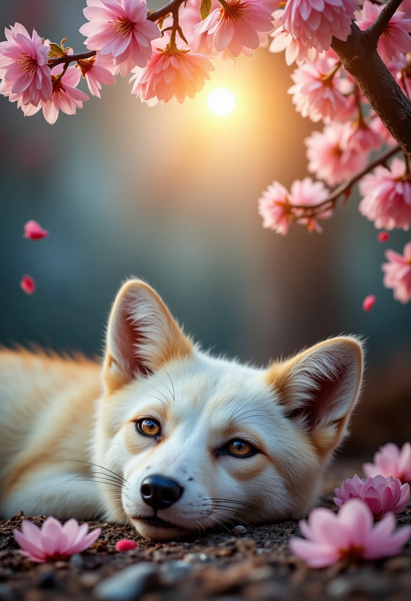 A white fox sleeping under a blossoming sakura tree, beautiful detailed eyes, beautiful detailed fur, extremely detailed fur and face, long eyelashes, serene expression, sakura petals falling, sunlight filtering through the blossoms, highly detailed, 8K, masterpiece, photorealistic, vibrant colors, natural lighting, fantasy, ethereal