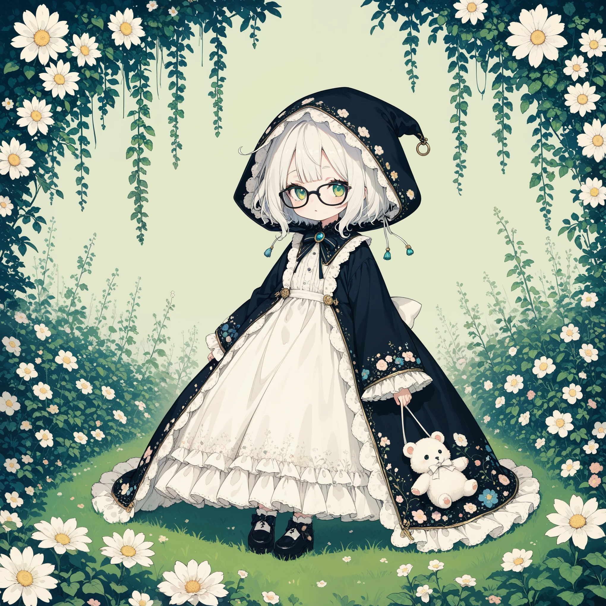 1girl\(cute,chibi, white skin, pale skin,(wearing ((simple)) black hood:1.4),(black robe\(hood,white embroidery flower pattern, at edge\):1.3), ((white frilly dress)), (wearing black glasses:1.4), (((green eyes))), black boots, white hair, bangs, short bob hair, (holding teddybear\(brown,fluffy\):1.3),cute pose\).background\(gothic, Various beautiful flowers are arranged geometrically\).score_9, score_8_up, score_7_up, score_6_up, score_5_up, score_4_up, source_anime,source_furry,rating_safe,rating_questionable,masterpiece, best quality, perfect anatomy , very aesthetic , absurdres,limited pallet