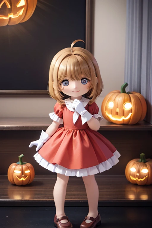 (( pumpkin lantern)),< girl, Proud, Grin,  stare at viewers, Long Hair, Ahoge, blonde, Drill Hair,  blue eyes , Slanted Eyes, Big Eyes, Half open eyes , Pale skin, Gorgeous red dress, Evening Gloves, Long-term, Cover your mouth with a fan, Luxurious aristocratic room, Speedy Shot, masterpiece,  best quality ,  Details, ultra  Details, hyper  Details, insanely  Details, Exquisite, beautiful, Full HD, 16k, cute,  fantasy, A vibrant academic community, Chibi Anime,  icon,  soft line design that caught a big fish, Soft Surface, Simple line drawing,  Full Body Shot , Front View, The best light, Highly saturated colors, Vibrant colors, Light color,  dreamy watercolor painting , Best Hand