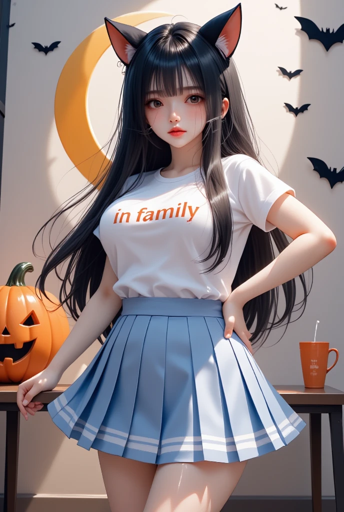 1 woman, Shiny black long hair,  black cat ear headband ,  pink lips , Beautiful face, Smile some., t-shirt, Light blue skirt, pleated skirt style, high-heels, stand, Dynamic, "ln family"On the shirt, , Anime, wall, pumpkin, Halloween, moon,  Wide angle view,  high-definition vivid images,  intricate details, 3D dimensions, 3D rendering, realistic, colourful outfit,  over the truth 