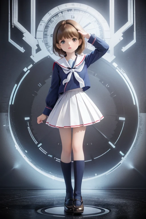 One Girl, white pin-tuck blouse ,Red Bolero,White Skirt, skirt with arms extended to the camera,There are 2 blue lines on the hem of the , bolero sleeve with school emblem patch , knee-high socks, black enamel wrap pumps with arms extended to the camera, short bob,Brown Hair,Braiding,Navy blue ribbon, striped ribbon ,Navy high socks, high-waisted skirt, looking down from above