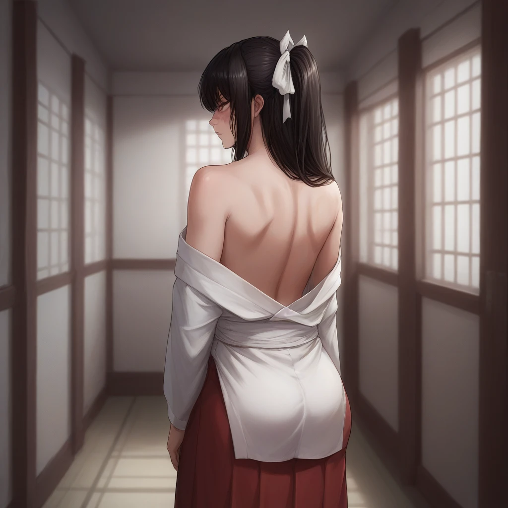 1 girl, Utahime Iori, black hair, long hair, collarbone, wearing japanese clothes, large white kimono, very long red skirt, standing, blushing, japanese school hallway, afternoon, realistic, scar on face, looking from distance, buttplug on ass, angry, small white ribbon on hair, big breasts, puckered vein on the forehead