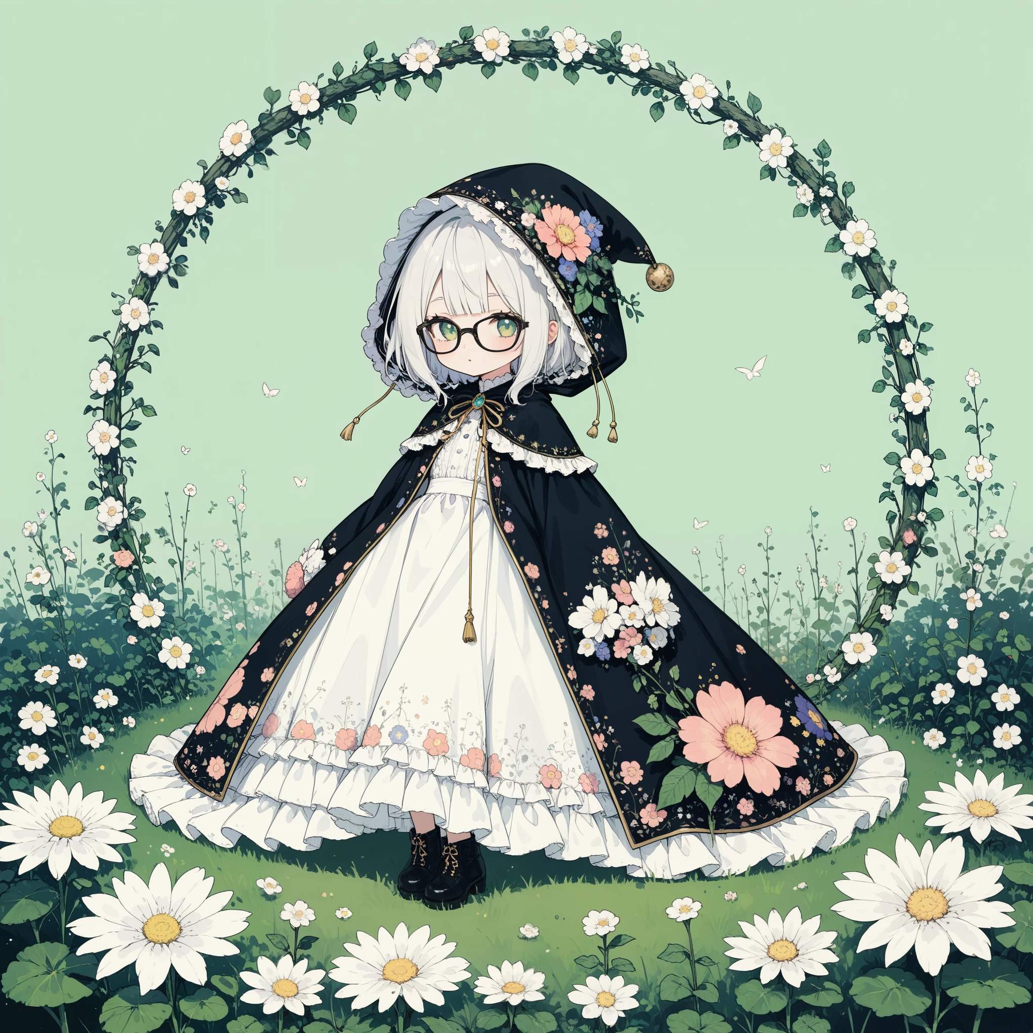 1girl\(cute,chibi, white skin, pale skin,(wearing ((simple)) black hood:1.4),(black robe\(hood,white embroidery flower pattern, at edge\):1.3), ((white frilly dress)), (wearing black glasses:1.4), (((green eyes))), black boots, white hair, bangs, short bob hair, holding teddybear\(brown,fluffy\),dynamic pose\).background\(simple,Various beautiful flowers are arranged geometrically\).score_9, score_8_up, score_7_up, score_6_up, score_5_up, score_4_up, source_anime,source_furry,rating_safe,rating_questionable,masterpiece, best quality, perfect anatomy , very aesthetic , absurdres,limited pallet