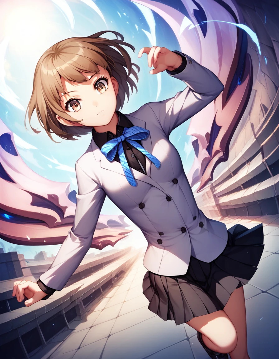 {{best quality,ultra-detailed,high resolution,extremely detailed CG,unity 8k wallpaper,official art,detailed,super detailed skin,perfect anatomy,beautiful detailed eyes, }} 1girl, solo, iodesu2, short hair, brown hair, brown eyes, school uniform, ribbon, collared shirt, black skirt, dynamic pose, dynamic angle, outdoor, Collapsed Tokyo