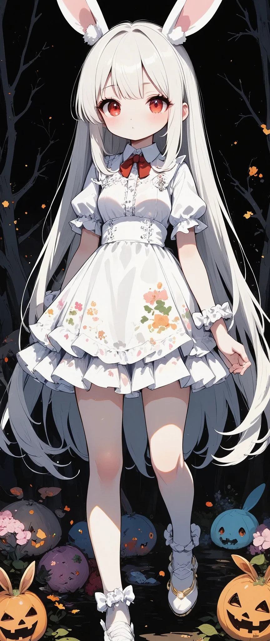 girl\(chibi,cute,kawaii,small ,white hair,very long hair,bangs,ear\(fluffy white bunny-ear\), bunny tail,red eye,big eye,beautiful shiny eye,skin color white,big hairbow,white frilled dress,breast,full body\), many jack-o'-lantern ,background\(dark woods, dead trees, horror mood, Halloween night\)