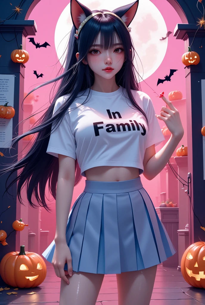 1 woman, Shiny black long hair,  black cat ear headband ,  pink lips , Beautiful face, Smile some., t-shirt, Light blue skirt, pleated skirt style, high-heels, stand, Dynamic, "LN family"On the shirt, , Anime, A graphic wall painted in neon colors, pumpkin, Halloween, moon,  Wide angle view,  high-definition vivid images,  intricate details, 3D dimensions, 3D rendering, realistic, colourful outfit,  over the truth 