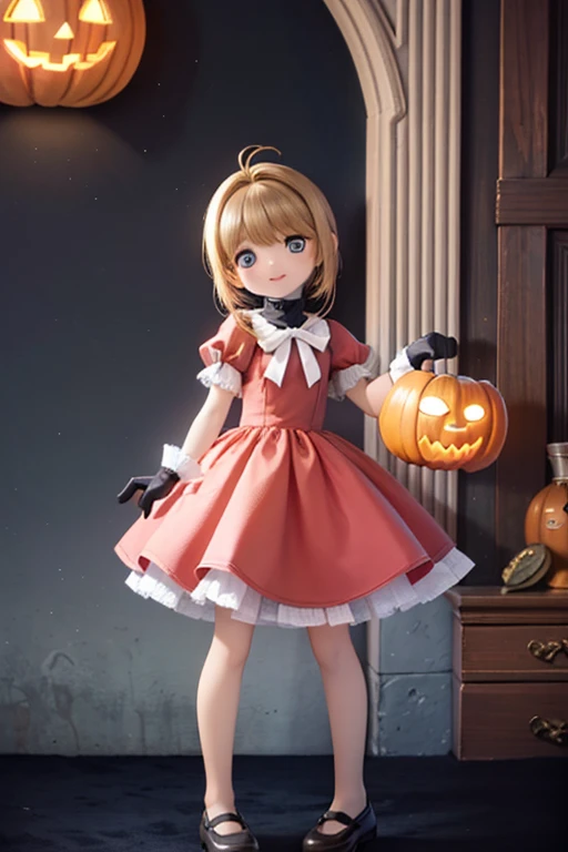 (( pumpkin lantern)),< girl, Proud, Grin,  stare at viewers, Long Hair, Ahoge, blonde, Drill Hair,  blue eyes , Slanted Eyes, Big Eyes, Half open eyes , Pale skin, Gorgeous red dress, Evening Gloves, Long-term, Cover your mouth with a fan, Luxurious aristocratic room, masterpiece, Exquisite, beautiful, cute,  fantasy, A vibrant academic community, Chibi Anime,  icon,  soft line design that caught a big fish, Soft Surface, Simple line drawing,  Full Body Shot , Front View, The best light, Highly saturated colors, Vibrant colors, Light color,  dreamy watercolor painting , Best Hand