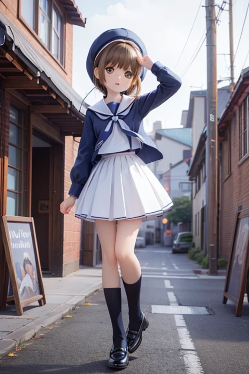 One Girl, white pin-tuck blouse ,Red Bolero,White Skirt, skirt with arms extended to the camera,There are 2 blue lines on the hem of the , bolero sleeve with school emblem patch , knee-high socks, black enamel wrap pumps with arms extended to the camera, short bob,Brown Hair,Braiding,Navy blue ribbon, striped ribbon ,Navy high socks, high-waisted skirt, looking down from above