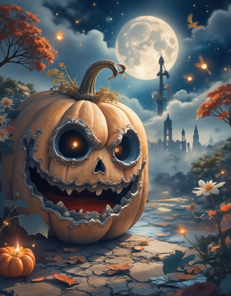 A giant pumpkin larger than a castle, eerie and terrifying on a Halloween night. The massive pumpkin has a rough surface carved with a sinister grin, surrounded by dark fog and flickering fireflies. In the distance, the outline of a castle is visible, with a full moon hanging in the sky casting a spooky glow, high-quality photorealistic artwork, ultra-detailed, haunting atmosphere, perfect for Halloween, dramatic lighting, by Greg Rutkowski, Studio Ghibli style, trending on ArtStation, popular on CGSociety, intricate details, sharp focus, dramatic composition.
