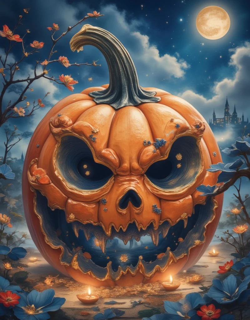 A giant pumpkin larger than a castle, eerie and terrifying on a Halloween night. The massive pumpkin has a rough surface carved with a sinister grin, surrounded by dark fog and flickering fireflies. In the distance, the outline of a castle is visible, with a full moon hanging in the sky casting a spooky glow, high-quality photorealistic artwork, ultra-detailed, haunting atmosphere, perfect for Halloween, dramatic lighting, by Greg Rutkowski, Studio Ghibli style, trending on ArtStation, popular on CGSociety, intricate details, sharp focus, dramatic composition.
