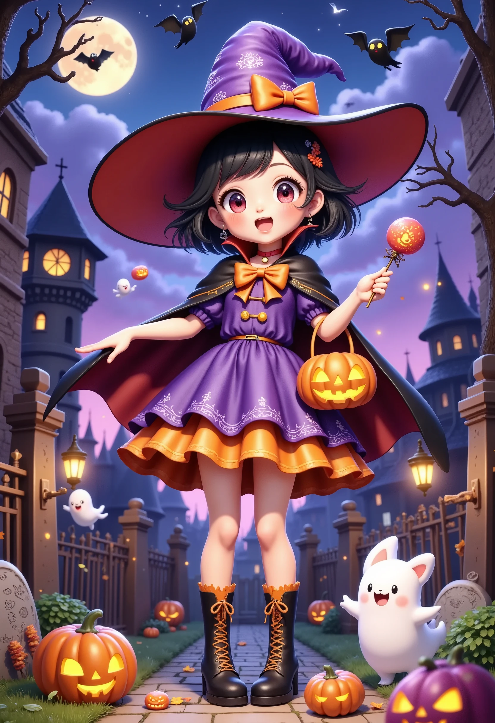 1girl, animal, ankle boots, bare tree, basket, basketball, bat, bat hair ornament, bat print, bat wings, black cat, black footwear, black hair, black headwear, black wings, boots, bow, broom, broom riding, bubble skirt, building, bulbasaur, candle, candy, candy cane, candy wrapper, cape, castle, cat, charmander, chick, chocobo, chomusuke, church, claw pose, clock tower, cloud, coffin, cookie, costume, creature, crescent moon, cross, cross-laced footwear, crow, demon horns, demon tail, dress, emoji, fake wings, fangs, fence, flame, flying, food, food-themed hair ornament, full moon, gate, gengar, ghost, ghost costume, grave, graveyard, halloween, halloween bucket, halloween costume, happy halloween, hat, hat bow, head wings, holding basket, holding broom, holding candy, holding lantern, holding vegetable, holding wand, house, jack-o'-lantern, jiangshi, kero, lace-up boots, lamppost, lantern, lollipop, looking at viewer, luma \(mario\), manjuu \(azur lane\), mimikyu, mini wings, mini witch hat, moon, moonlight, morpeko, morpeko \(full\), multicolored cape, mummy, mummy costume, night, night sky, open mouth, orange bow, orange bowtie, orange choker, orange dress, orange legwear, orange ribbon, outdoors, owl, paper lantern, pennant, pikachu, pokemon \(creature\), puffy short sleeves, puffy sleeves, pumpkin, pumpkin hair ornament, pumpkin hat, purple capelet, purple dress, purple footwear, purple headwear, purple sky, red bow, scarlet devil mansion, scythe, shiba inu, short hair, short sleeves, silhouette, silk, skeleton, skull, sky, smile, smiley face, solo, spider, spider web, spider web print, spirit, squirtle, stitches, string of flags, sweets, swirl lollipop, tail, tepig, tombstone, torchic, tower, town, tree, trick or treat, trident, two-sided cape, vampire, vampire costume, vegetable, wand, werewolf, window, wing hair ornament, wings, witch, witch hat