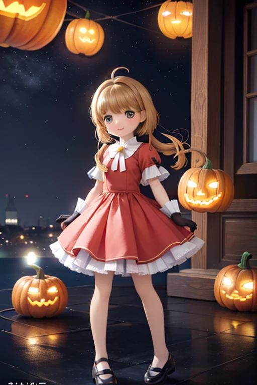 ((I'm making pumpkin lanterns)),< girl, Proud, Grin,  stare at viewers, Long Hair, Ahoge, blonde, Drill Hair,  blue eyes , Slanted Eyes, Big Eyes, Half open eyes , Pale skin, Gorgeous red dress, Evening Gloves, Long-term, Cover your mouth with a fan, Luxurious aristocratic room, masterpiece, Exquisite, beautiful, cute,  fantasy, A vibrant academic community, Chibi Anime,  icon,  soft line design that caught a big fish, Soft Surface, Simple line drawing,  Full Body Shot , Front View, The best light, Highly saturated colors, Vibrant colors, Light color,  dreamy watercolor painting , Best Hand