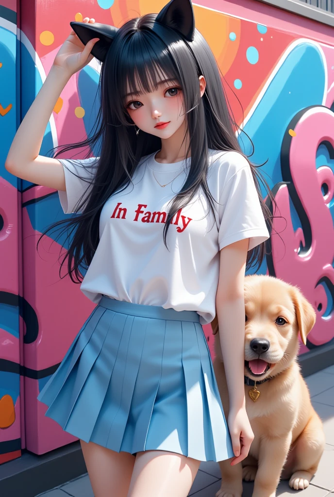 1 woman, Shiny black long hair,  black cat ear headband ,  pink lips , Beautiful face, Smile some., t-shirt, Light blue skirt, pleated skirt style, high-heels, stand, Dynamic, "Ln family"On the shirt, , Anime, Glow, A graphic wall painted in neon colors, Cocky Dog, Halloween, Clover leaf,  Wide angle view,  high-definition vivid images,  intricate details, 3D dimensions, 3D rendering, realistic, colourful outfit,  over the truth 