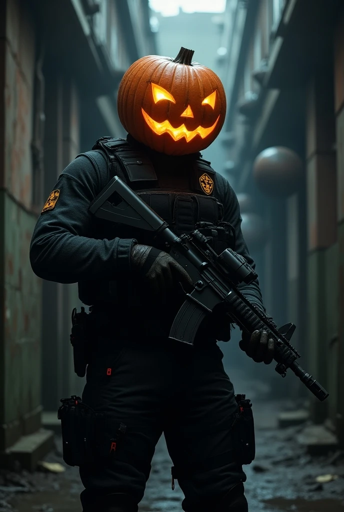 a highly trained S.W.A.T. team member wearing a jack-o'-lantern helmet, tactical operation, surreal, refined design, advanced lighting, 8K, photorealistic, cinematic lighting, action pose, detailed weaponry, industrial environment, dynamic composition, gritty urban setting, moody color palette, dramatic shadows, hyper-detailed