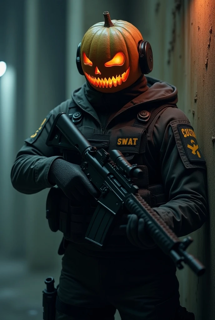 a highly trained S.W.A.T. team member wearing a jack-o'-lantern helmet, tactical operation, surreal, refined design, advanced lighting, 8K, photorealistic, cinematic lighting, action pose, detailed weaponry, industrial environment, dynamic composition, gritty urban setting, moody color palette, dramatic shadows, hyper-detailed