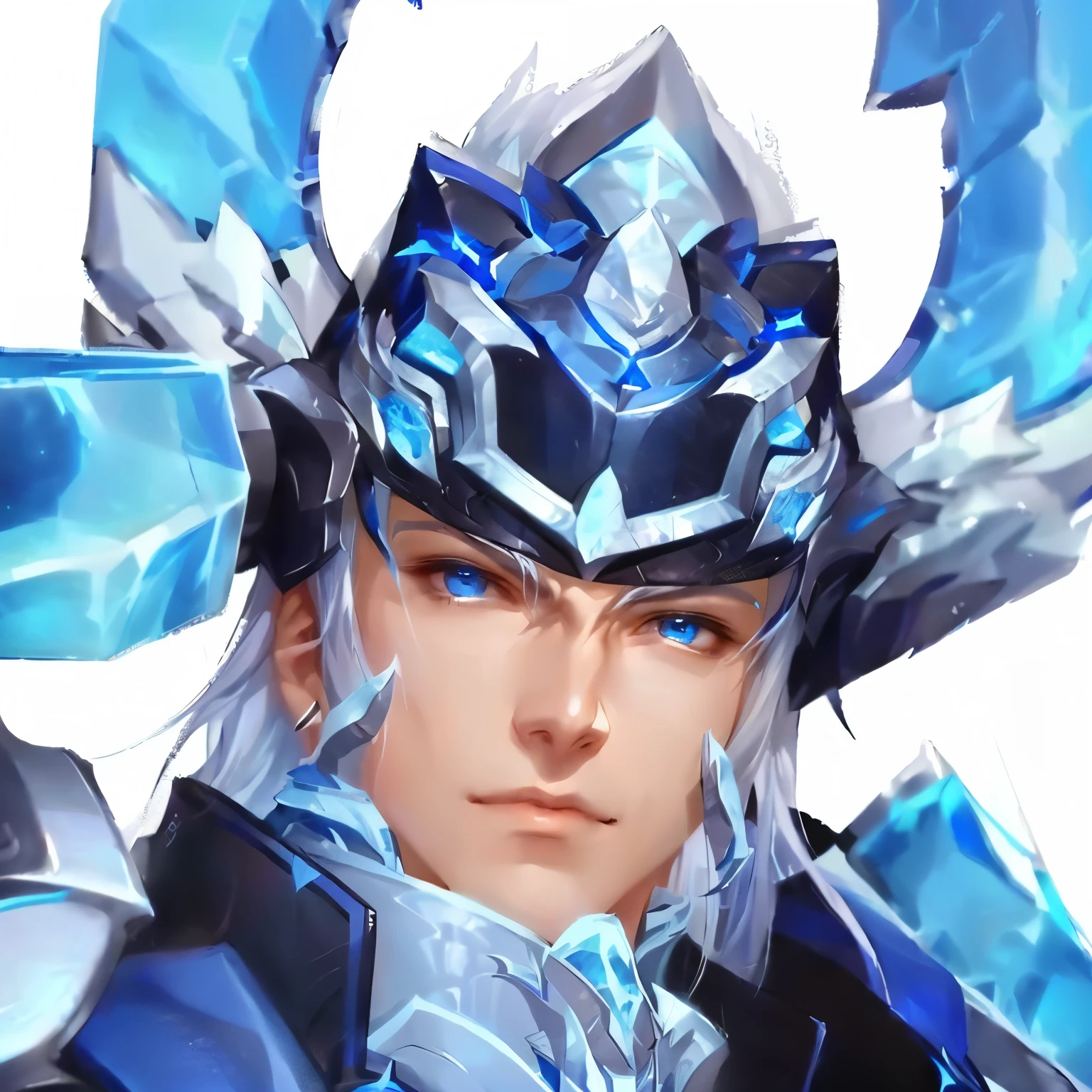 a close up of a person wearing a helmet and a blue costume, final fantasy face, prince crown of black gears, sigma male, zhao yun, sliver ice color reflected armor, final fantasy 14 style, freezing blue skin, ice lord, roguish smirk, aion, sakimichan frank franzzeta, final fantasy character, sfw version