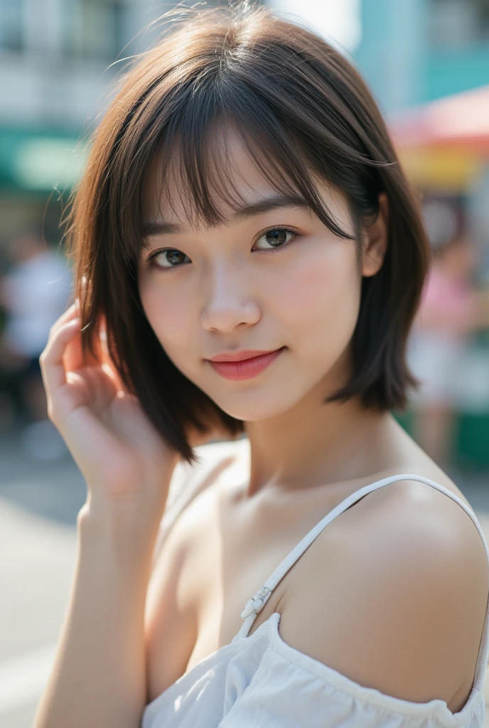 Portraiture,high quality, Realistic Photographic Images  , Japanese women, Neat,  Natural and realistic eyes ,  beautiful dark hair  ,  short hair, light makeup,  Octane Rendering  , Beautiful lighting, Golden ratio composition, smile,  casual wear  ,  Casual Outfits, Shinjuku - in the downtown area of Tokyo、 blurred background