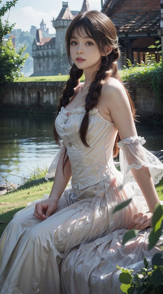 （8K， RAW photos， best qualtiy， tmasterpiece：1.2），（realisticlying， photograph realistic：1.4)
Lolita costume，Lace， Aerith Gainsborough， The upper part of the body， undergarments，exposed bare shoulders， do lado de fora， Old castle， high high quality， Adobe Lightroom， highdetailskin， looking at viewert，