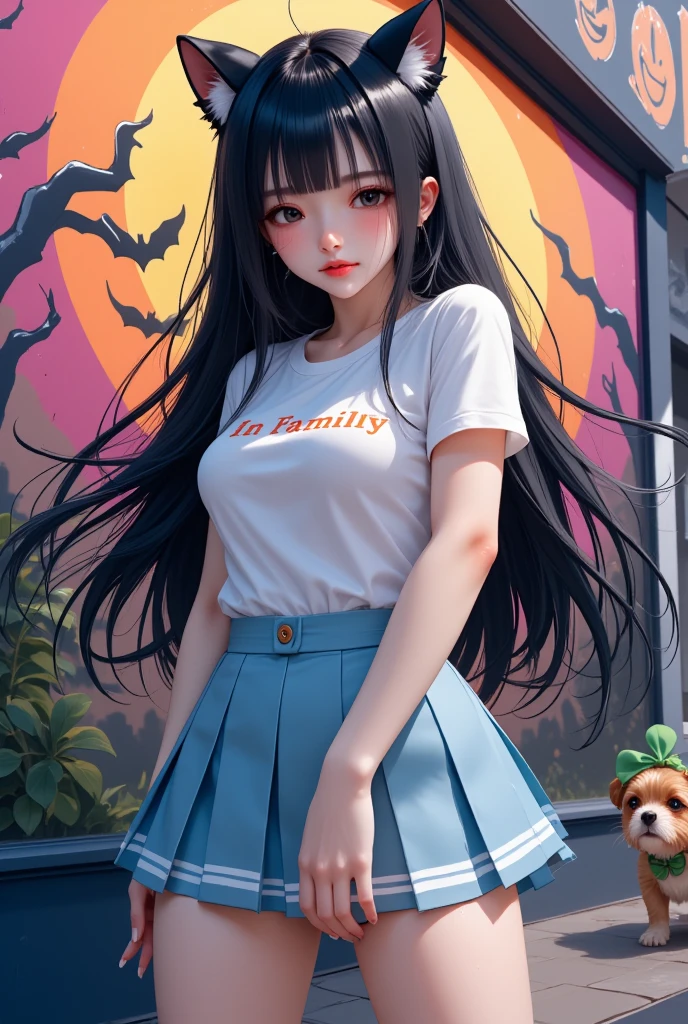 1 woman, Shiny black long hair,  black cat ear headband ,  pink lips , Beautiful face, Smile some., t-shirt, Light blue skirt, pleated skirt style, high-heels, stand, Dynamic, "Ln family"On the shirt, , Anime, Glow, A graphic wall painted in neon colors, Cocky Dog, Halloween, Clover leaf,  Wide angle view,  high-definition vivid images,  intricate details, 3D dimensions, 3D rendering, realistic, colourful outfit,  over the truth , Light and shadow difference,