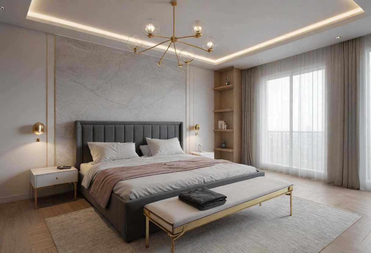 Modern bedroom design, luxurious interior, ((high resolution image, 8k, detailed anatomy of each object, rough surface, super detailed, super realistic, beautiful) spotless , surreal , spacious space , full light