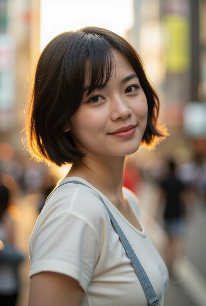 Portraiture,high quality, Realistic Photographic Images  , Thai women, Neat,  Natural and realistic eyes ,  beautiful dark hair  ,  short hair, light makeup,  Octane Rendering  , Beautiful lighting, Golden ratio composition, smile,  casual wear  ,  Casual Outfits, Shinjuku - in the downtown area of Tokyo、 blurred background