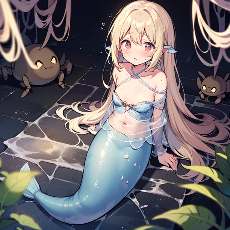 score_9, score_8_up, score_7_up, best quality, masterpiece, 4k, uncensored, prefect lighting, rating_explicit, very aesthetic, source_anime, nsfw, 1 mermaid girl, (blue skin:1.4)  Squirting, shriveled body, solo, blonde long hair with bangs, crying, open mouth, wrinkles orange fins on ears, fish scale body, crawl on all fours, dry skin, cracked skin, desert, Strong sunshine, (small breasts, sagging breasts, old breasts:1.4) pussy juice, breast milk,